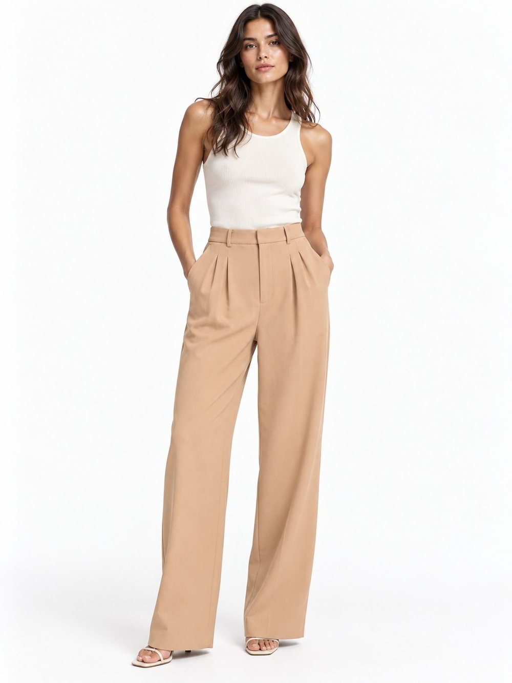 Zara High Waisted Pleated Wide Leg Trousers Camel Beige Size Small